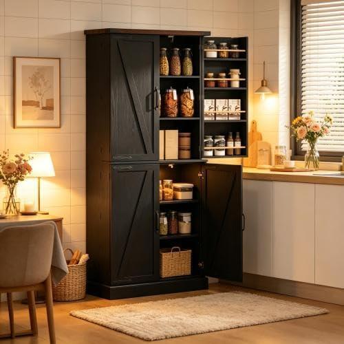 Kitchen Pantry Cabinet, Vertical Storage Cabinet, Black