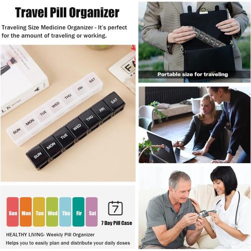 2 Pack Weekly Pill Organizer, Large 7 Day Travel Pill Case (White & Black)