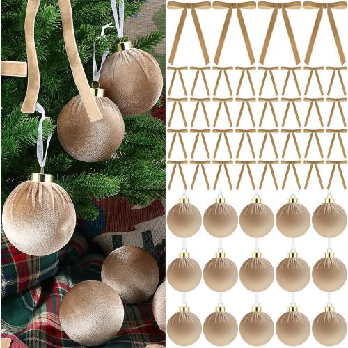 51 Pcs Christmas Khaki Velvet Ornaments 15 Pcs Christmas Tree Decor Balls 3.14 36 Pcs Velvet Vintage Ribbon Bows 5/8 Wide 6 * 8 for Xmas Tree Hanging Decorations Home Indoor Decor (Light Brown)