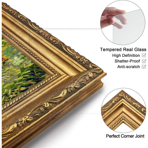 Antique Gold 5x7 Picture Frame, Ornate Embossing 5 x 7 Frame with Tempered Real Glass, Tabletop or Wall Mounting Display for Art Prints or Pictures, 2 Pack