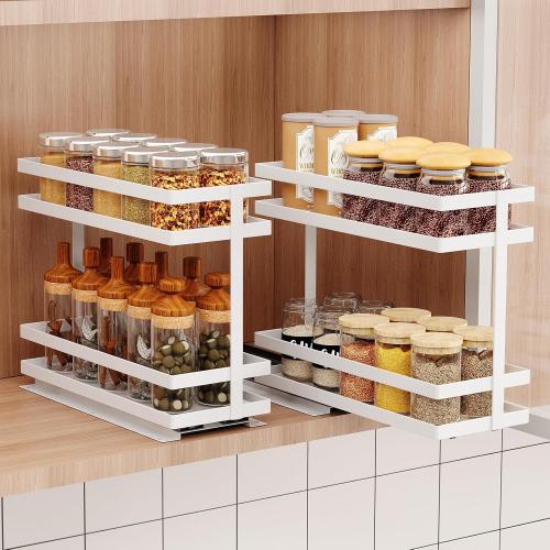 2 Pack Pull Out Spice Rack Organizer for Cabinet, 2 Tier Metal Slide Out Seasoning Organizer and Storage Heavy Duty Vertical Spice Rack Shelf Pullout for Kitchen Cabinets No Drilling **(White)**