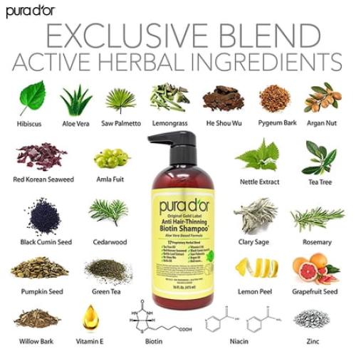 PURA D'OR Original Gold Label Anti Hair Thinning Biotin Daily Shampoo & Deep Moisturizing Conditioner Set with Herbal DHT Blockers