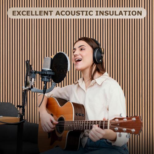 DOLLAR BOSS Wood Slat Acoustic Panels for Wall, 46.5 x 23.8 2Pcs Soundproof Absorbing Wall Panel with Wood Finish 3D Fluted, Oak