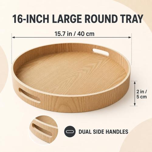 i-lan Large Round Wooden Tray with Handles, 16-Inch Ash Wood Serving Tray