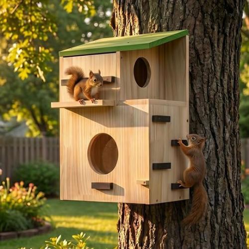 Large Squirrel Houses for Outside, Squirrels Nesting Box with Platform, Solid Wood Squirrel Box, Backyard Squirrel House Squirrels Feeders for Outside