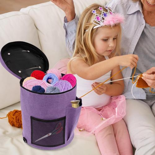 Knitting Bag Yarn Storage, Practical Crochet Bag Organizer with Lid, Portable Yarn Organizer Tote with Handle, Stylish Crochet Bags with Shoulder Strap for Knitting Supplies Crafting (purple)