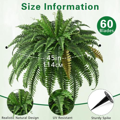2PCS 45in Fake Ferns- Large Artificial Plants Outdoor, UV Resistant Artificial Ferns for Outdoors, 60 Branches Faux Boston Fern Realistic Weatherproof Fake Plants for Porch Home Patio Hanging Decor