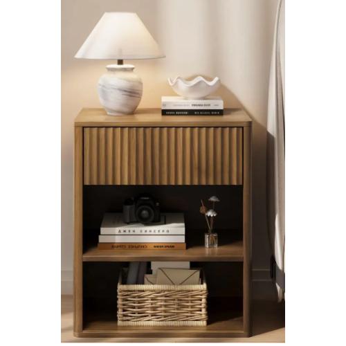 Dark Brown Modern Nightstand with Fluted Wood Storage Drawer and Open Shelf Bed Side Table