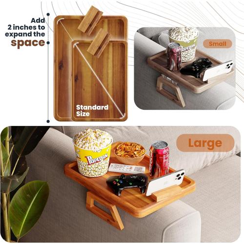 Tinamo 15.7 x 11 Large Couch Arm Table with 360 Rotating Phone Holder - Sofa Arm Clip Table for Living Room - Sofa Armrest Tray Wide Couches - Wooden Side Tables for Eating and Drink (Acacia Wood)