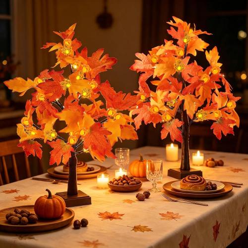 2Pack Fall Lighted Tree with 48 LEDs Battery Operated,Fall Decorations Light Up Artificial Pumpkins Maple Acorn Tree for Fall Thanksgiving Table Harvest Home Indoor Decoration (24inch)