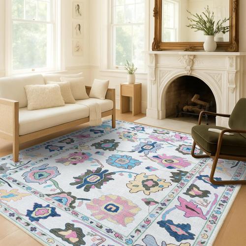 Fame Living Colorful Oushak Rug, Modern, Vintage, Turkish, Eclectic, Floral, Pastel, Washable, Large Area Rugs for Living Room, Dining, Bedroom, Girls, Boys, 7'5x9'8