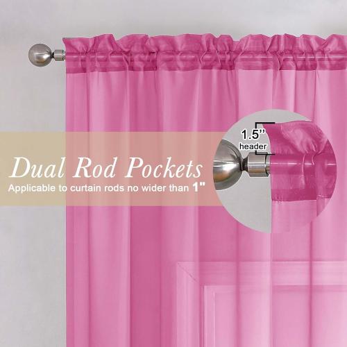 Hot Pink Sheer Curtains 63 Inch Length 2 Pcs, Solid Voile Long Light Filtering Curtains for Living Room, Dual Rod Pocket Home Decor Drapes for Bedroom Dining Room, Each Panel 42 W x 63 L