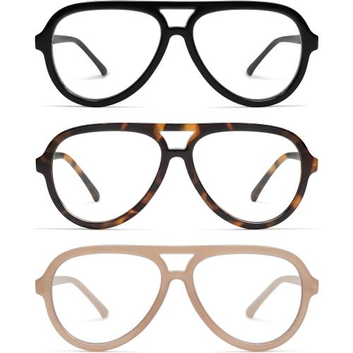 AMOMOMA 3 Pack Retro Oversized Aviator Reading Glasses for Women Men,Classic Large Reader Blue Light Computer Frame AM6111