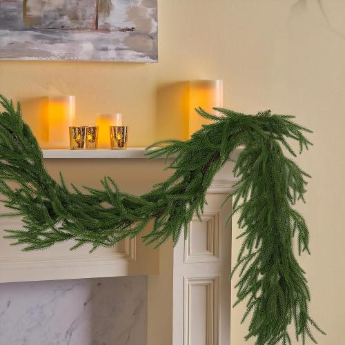 Hananona 2 Pcs 6 Ft Artificial Norfolk Pine Garlands, Real Touch Winter Pine Garland, Green Artificial Greenery Garland for Table, Mantle, Wall, Indoor, Outdoor Christmas Decorations (2, 6 FT)
