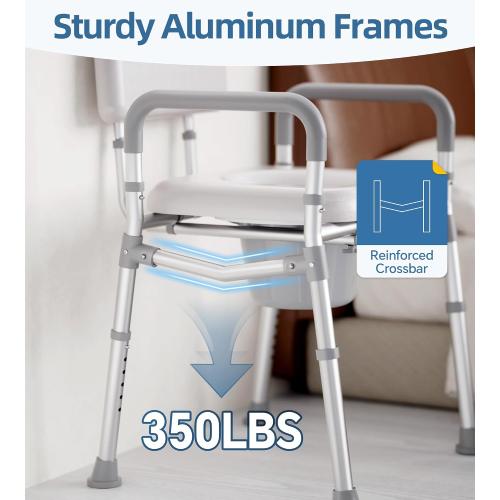Bedside Commode with Padded Seat and Backrest, Aluminum Commode Toilet with Bucket, Easy Cleaning Portable Toilet for Adults and Seniors, 350 lb Capacity Enhanced Crossbar