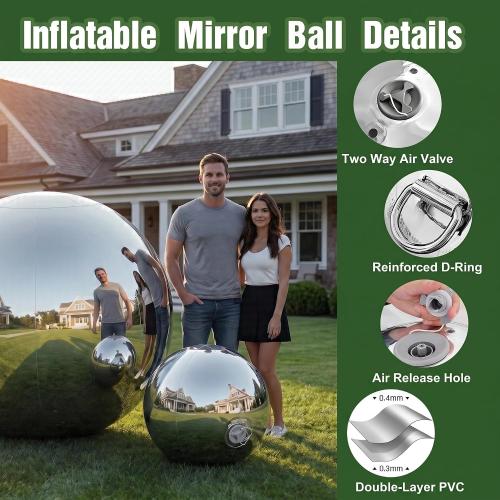 6PCS Inflatable Mirror Ball PVC Airtight Big Shiny Balls Inflatable Large Hanging&Standing Disco Ball Silver & Gold & Iridescent Giant Mirror Ball for Party & Wedding & Event Decoration
