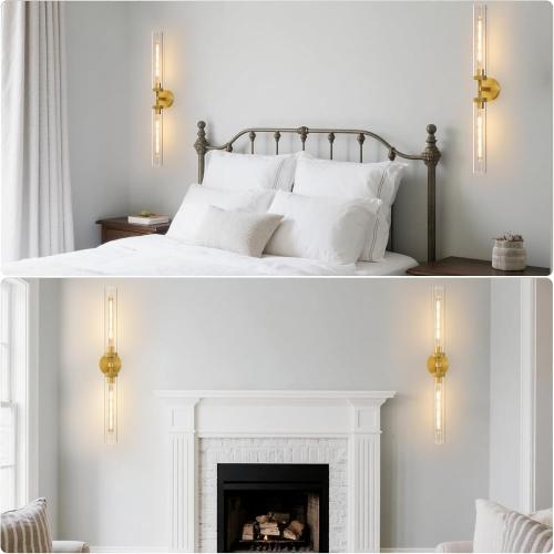 Knurled Brass Tube Wall Sconce: Set of 2 Modern Gold Bathroom Linear Lights