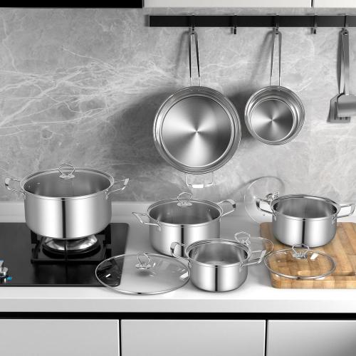 12 Piece Pots & Pans Set, Stainless Steel Cookware Set with Tempered Glass Lids, Handles & 3-Ply Base, 4 Stockpots, 1 Frying Pan & 1 Sauce Pan for Stovetop, Induction, Halogen