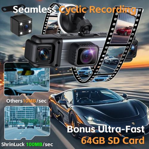 4 Channel 360° Dash Cam Front and Rear Inside, 64GB Card Included