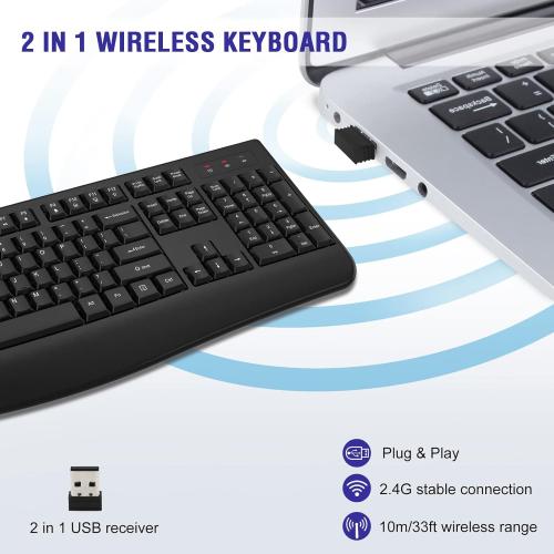 QUASIO Wireless Keyboard, 2.4G Full-Sized Ergonomic Wireless Computer Keyboard with Wrist Rest for Windows, Mac OS Laptop/PC/Desktop/Notebook(Black)
