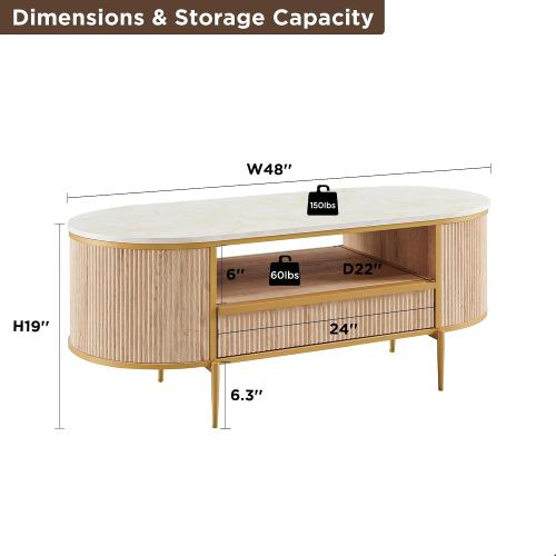 Modern Luxury Fluted Coffee Table, 48 Oval Coffee Table with Drawer, Faux Marble Top, Curved Profile Design, Gold Metal Decor, Center Table for Living Room Natural Oak