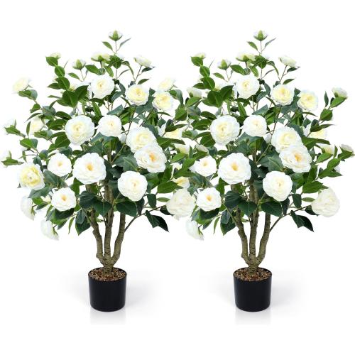 Artificial Camellia Tree 2 Pack Faux Camellia Plant in Pot with Blooming Flowers Fake Flower Tree Greenery Potted Plant for Indoor Outdoor Office Home Porch Decor White