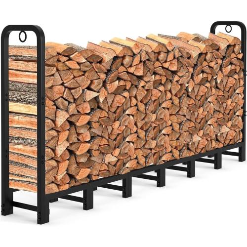 Garvee 8 ft Metal Firewood Rack, Adjustable Fire Wood Rack with 2 Lock Rings, Indoor Outdoor Log Holder, Heavy Duty Firewood Holder, Holds Up to 660 LB, Matte Black