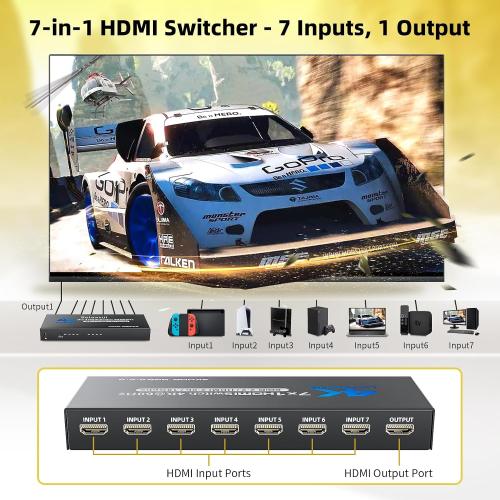BolAAzuL 7 Port HDMI Switch 7 in 1 Out 4K@60Hz HDMI Selector Box w/Power