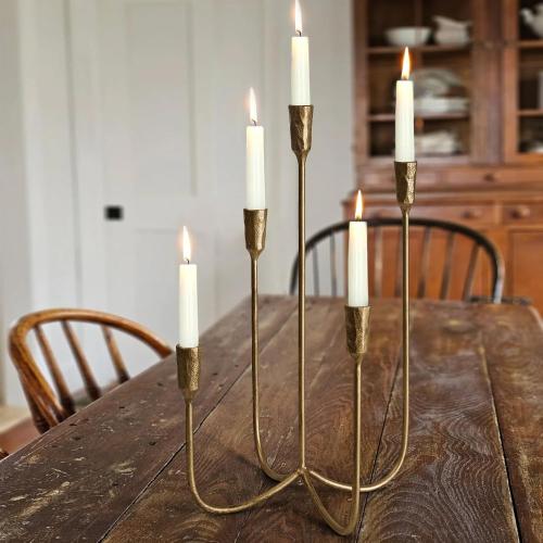 5-Candle Cast Iron Metal Candelabra Candlestick Holders 15 inch | Tall Candle Holder Wedding Event Candelabra Candle Stand Brass Gold