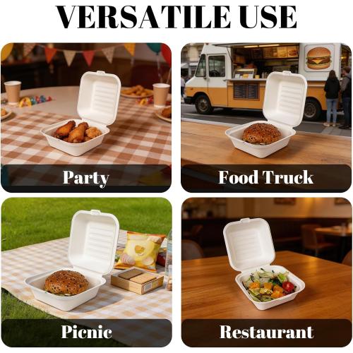 Lucklot 50 Pack 6×6 Inch White Compostable Bagasse Take Out Food Containers