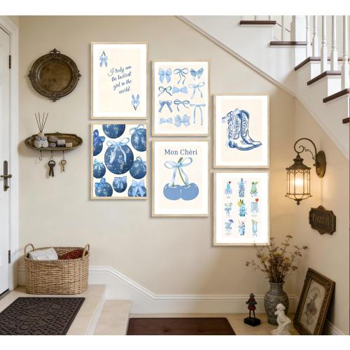 Blue Coquette Preppy Poster Wall Art,6 Pcs Aesthetic Painting Picture Wall Decor,Cowboy Boots Disco Ball Cocktail Cherry Canvas Print Artwork,for Girls Bedroom Dorm Room Home Decoration Unframed