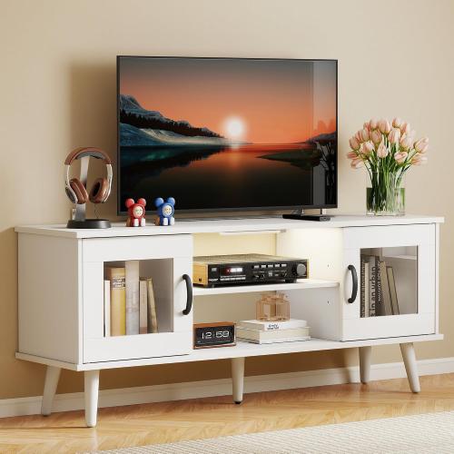 Wood TV Stand for TV, Mid Century Modern Entertainment Center with Adjustable Shelf, Sensor LED Light, 2 Cabinets, TV Media Console for Living Room Bedroom White