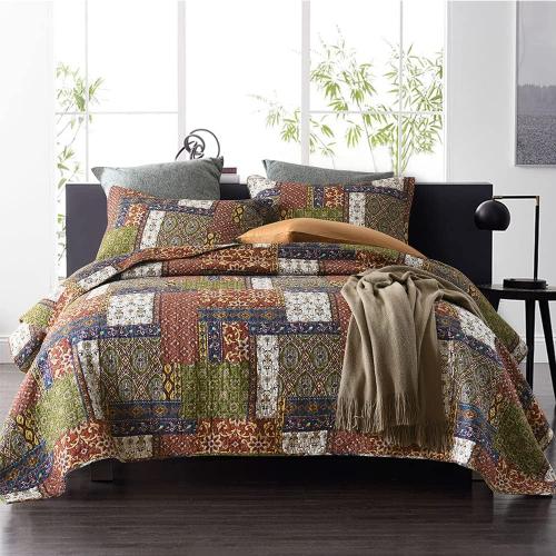ENASAL Bohemian Quilt Queen Size, Soft Cotton Bedspread with 2 Shams, Lightweight Reversible Quilted Coverlets Patchwork Pattern All Season Bedding Sets, Brown, 98 x 108 Inch