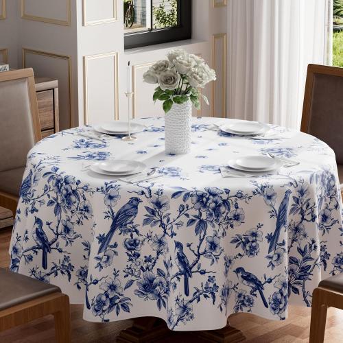 XCHI Blue and White Porcelain Style Birds and Flowers Spring Tablecloth Round Washable Table Covers for Summer Seasonal Indoor Outdoor Dining Home Party Decorations 70x70 Inch