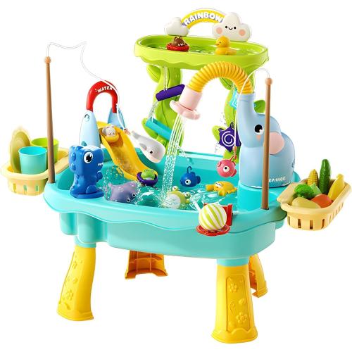 2027 Upgraded 4-in-1 Sand Water Table for Toddlers 1-3, Kids Sensory Table with Electric Water Pump & Elephant Faucet, Play Kitchen Sink with Food Accessories, Fishing Toy (Blue)