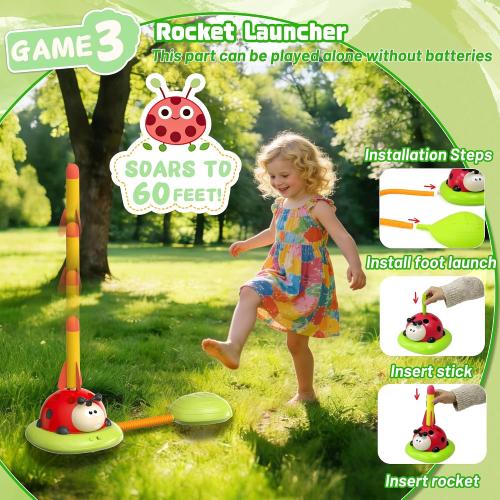 5 in 1 Musical Jump, Bean Bag Toss Ring Game, Baseball Toys and Stomping Launch Rocket Launcher for Kids Remote Control Indoor Outdoor Sports Toys for Kids Ages 4-8 3-5 Birthday Easter Gifts