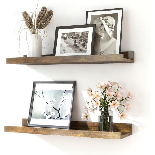 Brown Floating Shelves for Wall Decor, 16 in Shelf with Lip Set of 2