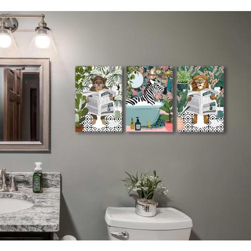 3Pcs Jungle Animal Bathroom Canvas Wall Art Zebra in Bathtub Pictures Lion Monkey on Toilet Reading Newspaper Paintings Funny Forest Animal Posters Prints for Restroom Wall Decor Framed