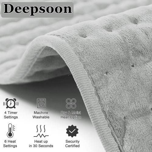Deepsoon Heating Pad,Electric Heating Pads for Back,Neck,Abdomen,Moist Heating Pad for Shoulder,Knee,Arms,Legs,Dry/Moist Heat & Auto Shut Off,Christmas Gifts for Men and Women, Gray,24x12 Inch