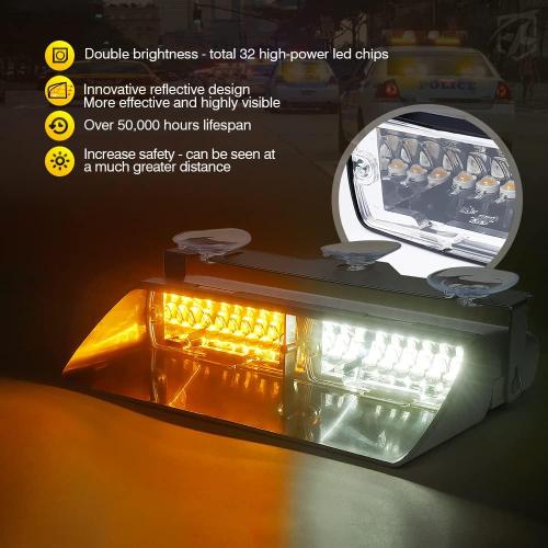 Xprite 2-in-1 High Intensity 32 LED Emergency Strobe Dash Lights Interior Windshield Flashing Light w/Suction Cups for Construction Vehicles Towing Work Trucks Plows Pickup Truck-White Amber