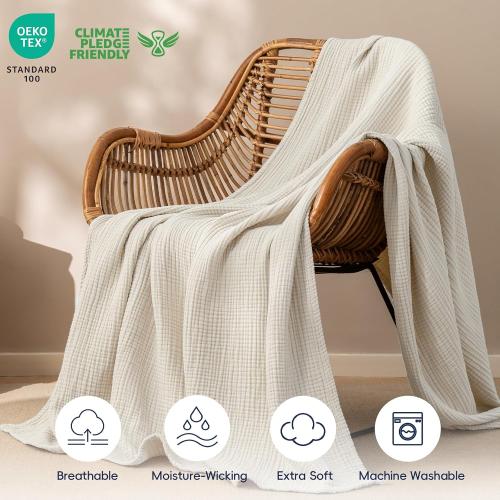 PHF 100% Cotton Muslin Blanket for Adults, Throw XL 50x70, Oat Milk
