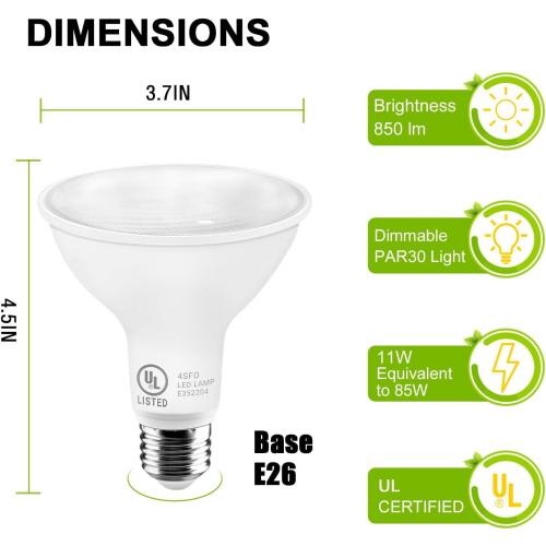 LightingWill 11W Par30 LED Bulb (75W Equivalent), UL Listed, 5000K Daylight White Dimmable Flood Light Bulbs, 850 Lumens, E26 Base, LED Recessed Light Bulbs for Indoor Outdoor, 12 Pack