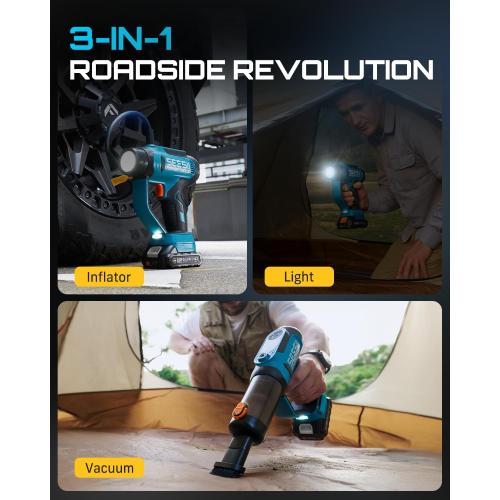 SEESII 3-in-1 Cordless Tire Inflator Air Compressor Car Vacuum & LED Light