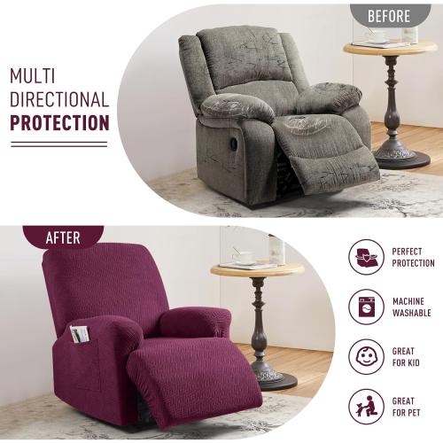 KinCam Recliner Covers, Stretch Reclining Chair Covers, Recliner Sofa Slipcovers Stripe Jacquard Recliner Couch Covers Furniture Protector Covers for Pet Kid (1 Seater, Burgundy)