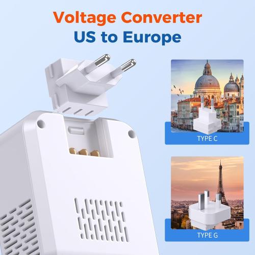 2000W Voltage Converter US to Europe for Hair Dryers, 7-in-1 220V to 110V Converter for European Travel with 3 AC/2 USBA/2 USBC Ports (PD20W), Universal Travel Adapter with Type G C Plugs