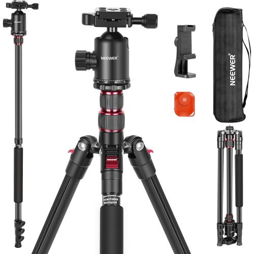 NEEWER 77” Camera Tripod Monopod with Phone Holder, Portable Travel Tripod with Remote, 360° Ball Head, 2 Axis Center Column, Arca QR Plate and Bag, Aluminum DSLR Tripod 34lb Max Load, TP77