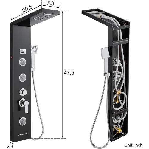 Multi-Function LED Lights Shower Panel System Black, 5 in 1 Shower Panel Include Rainfall & Waterfall Shower Head, 3 Pcs Adjustable Massage Jets, Handheld Shower, Tub Spout