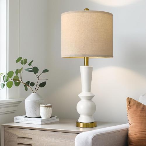 PORTRES 27 Modern Ceramic Table Lamp Set of 2 for Living Room White & Gold Bedside Lamps for Bedroom Nightstand Lamp Tall End Table Lamps