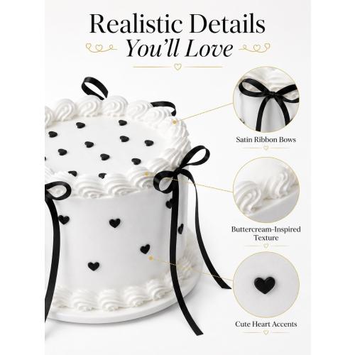 USED ‼️ 6 Inch Black Bow Fake Cake, White Round Artificial Cake Decor Black Bow-round