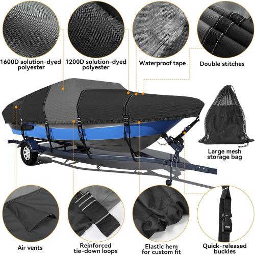 1600D 1200D V-Hull Boat Cover with 2 Wide Loops,22-24ft